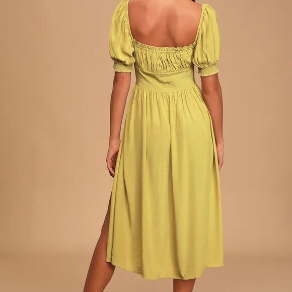 Lulus Puff Short Sleeve Bustier Peasant Bohemian Midi Dress, XS, Light Green - Picture 2 of 11